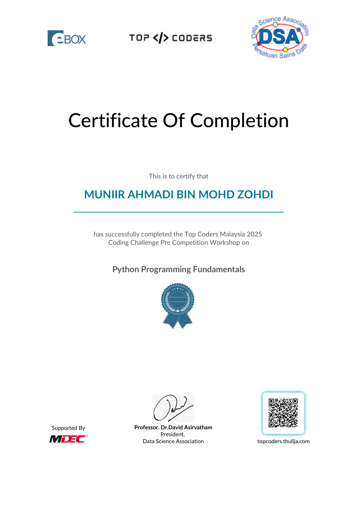 Top Coders Malaysia 2025 Certificate